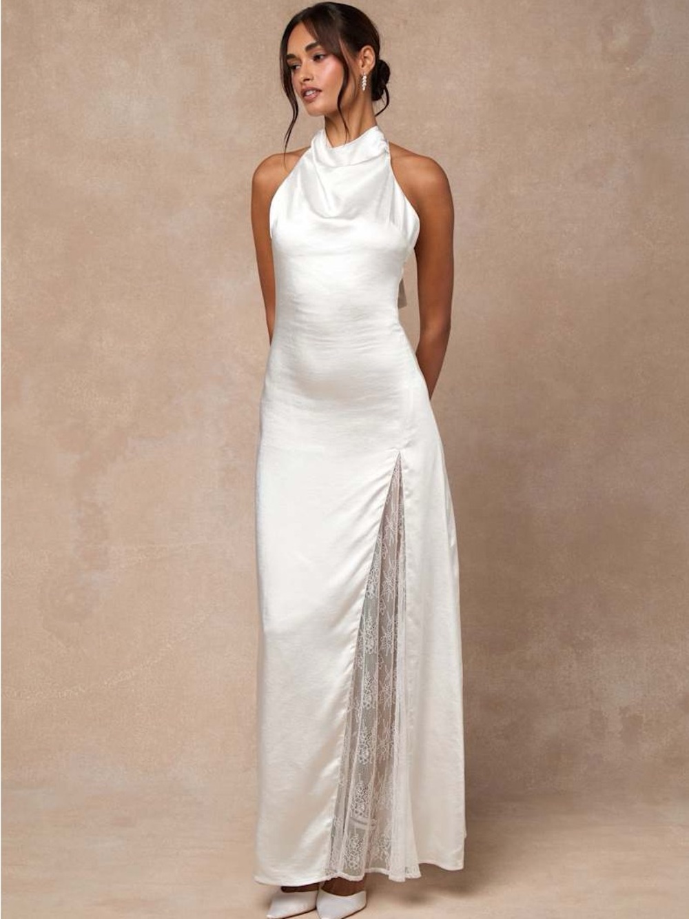 NWT Lulus Concetta Ivory Satin Lace Halter Maxi Dress